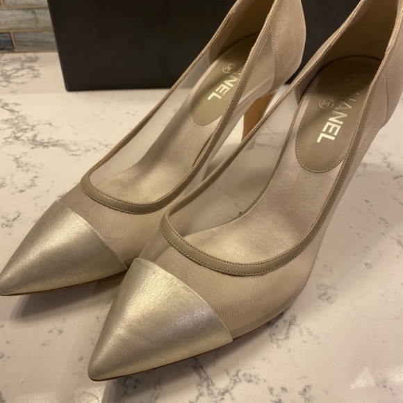Champagne Mesh & Leather Mix Chanel pumps size 41.5 (US 10.5) - Picture 7 of 10